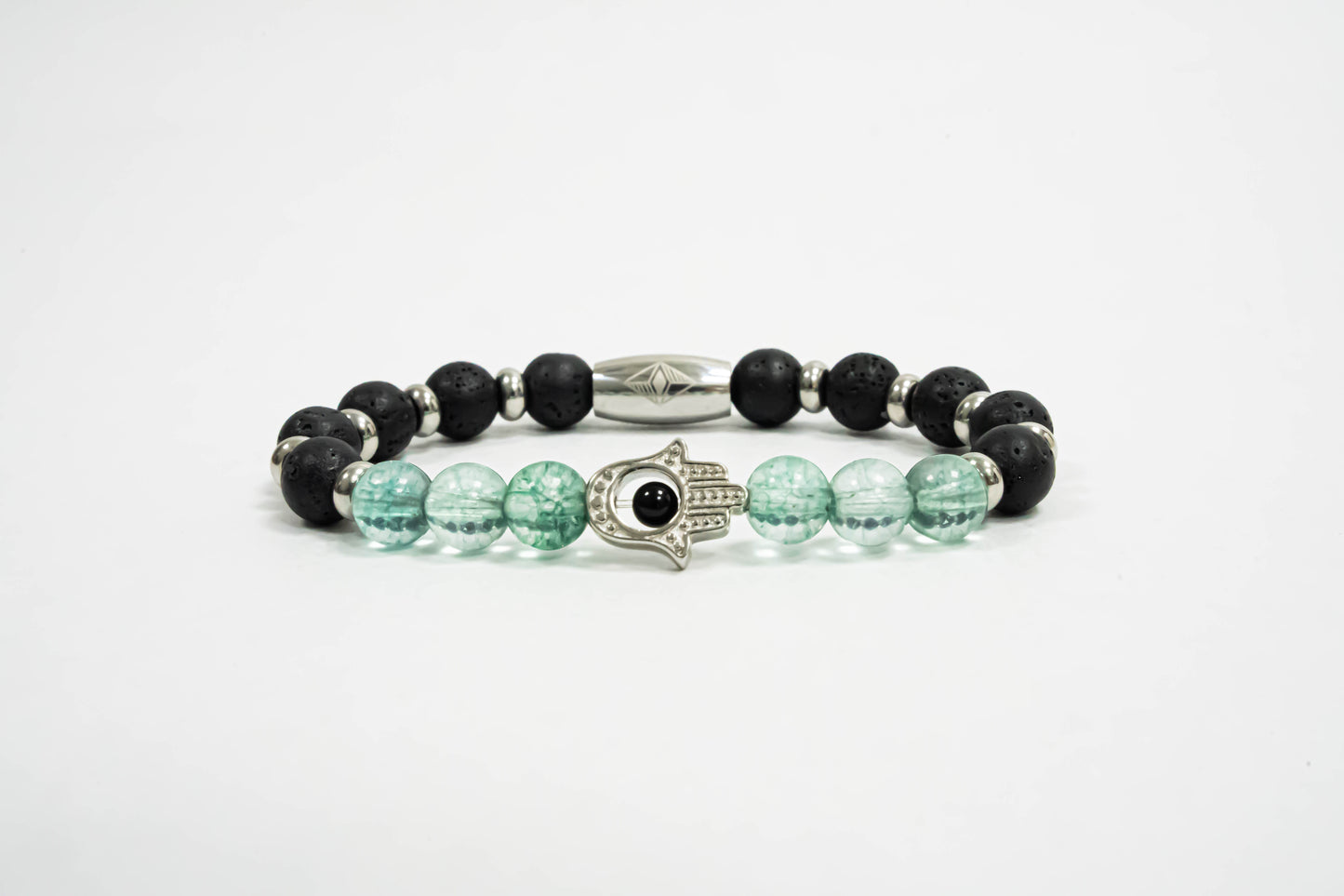 Pulsera Hamsa Acero Inox con Microseparadores y Piedras Volcanicas/Agatha Verde Agua