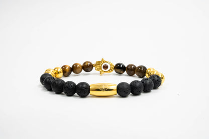 Pulsera Hamsa Oro18K Piedras Volcanicas/Tiger Eyes