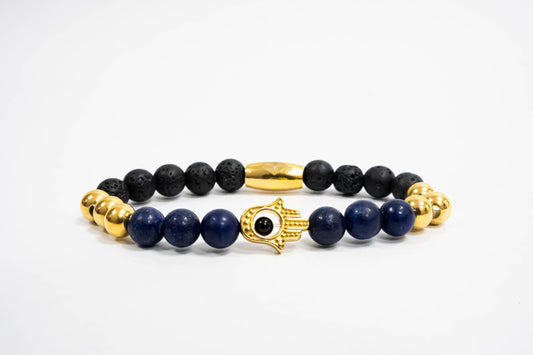 Pulsera Hamsa Oro18K Piedras Volcanicas/Lapislazuli